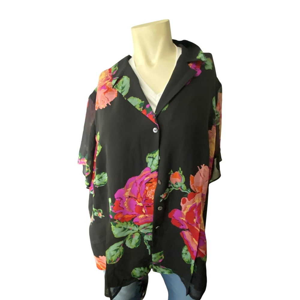 Jones New York 100% Silk Floral Blouse Womens 20W Black Rose Button Front NWT